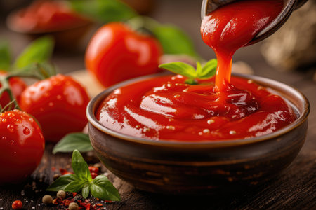 A bowl of freshly poured tomato ketchup, capturing the essence of culinary refinementの素材
