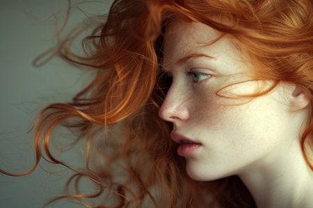 A portrayal of the essence of a windswept redhead's beautyの素材