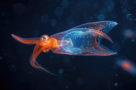 A captivating image of a deep-sea nosferatu squid drifting in the inky depthsの素材