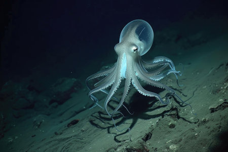 A captivating image of a deep-sea nosferatu squid drifting in the inky depthsの素材