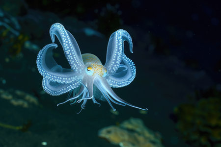 A captivating image of a deep-sea nosferatu squid drifting in the inky depthsの素材