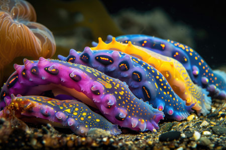 A cluster of colorful deep-sea sea cucumbers resting on the ocean floorの素材