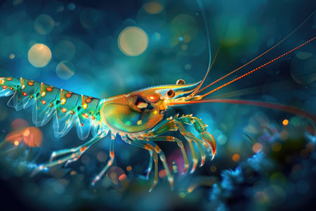 A deep vibrant sea shrimp exploring the ocean floorの素材