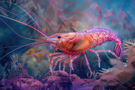 A deep vibrant sea shrimp exploring the ocean floorの素材
