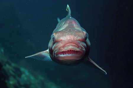 A mesmerizing close-up of a deepwater goblin shark in its natural habitatの素材