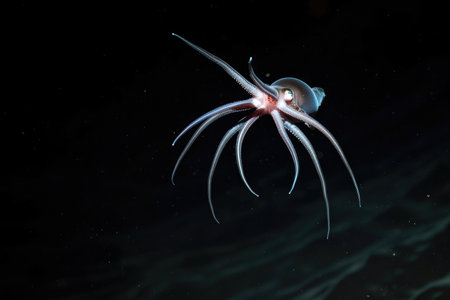 A captivating image of a deep-sea nosferatu squid drifting in the inky depthsの素材