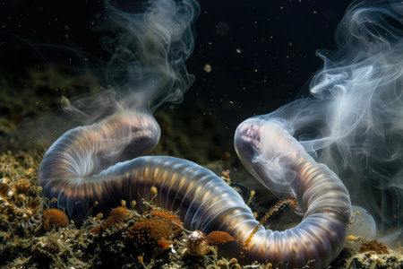 Deep-sea smoky black worms emitting ethereal smoke-like cloudsの素材