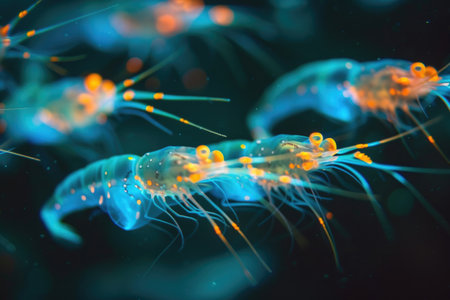 A mesmerizing display of bioluminescent krill lighting up the dark ocean depthsの素材