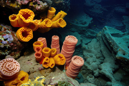 The diverse shapes and colors of deep-sea sponges in their natural habitatの素材