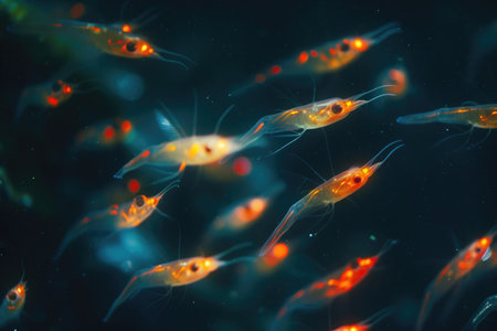 A mesmerizing display of bioluminescent krill lighting up the dark ocean depthsの素材