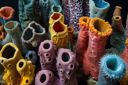 An intriguing snapshot of a vibrant colony of deep-sea sponges thriving on the ocean floorの素材