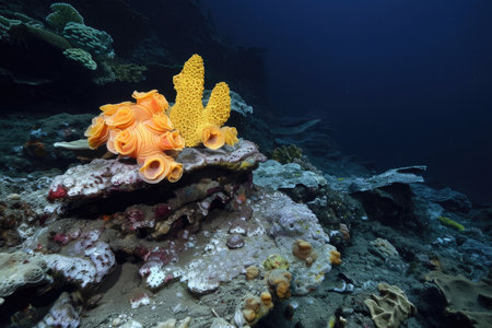 The diverse shapes and colors of deep-sea sponges in their natural habitatの素材