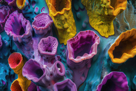 An intriguing snapshot of a vibrant colony of deep-sea sponges thriving on the ocean floorの素材