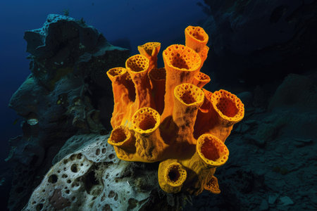 The diverse shapes and colors of deep-sea sponges in their natural habitatの素材