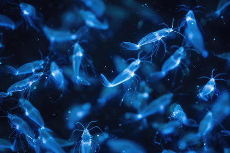 A captivating scene of a swarm of glowing krill illuminating the ocean's depthsの素材