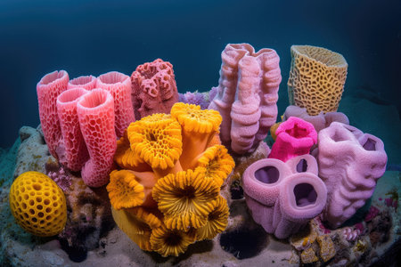 The diverse shapes and colors of deep-sea sponges in their natural habitatの素材