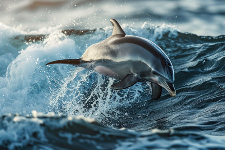 A dolphin showcases its dynamic dance amidst the rolling ocean wavesの素材