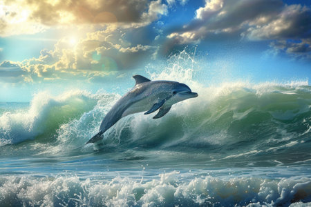 A dolphin gracefully glides through the sparkling ocean wavesの素材