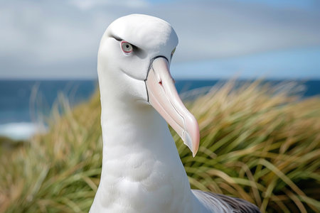 A detailed close-up shot of an elegant albatross, highlighting its graceful presenceの素材