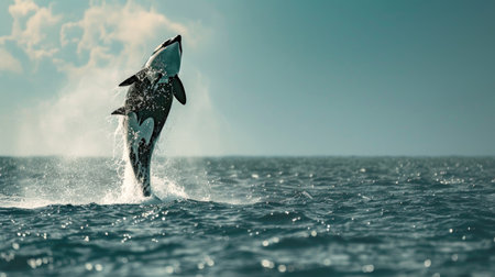 An orca breaching in a display of majestic powerの素材