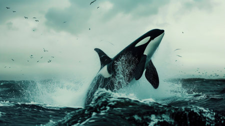 An orca breaching in a display of majestic powerの素材