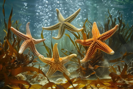 Elegant underwater scene featuring a variety of sea stars against a backdrop of swaying sea plantsの素材