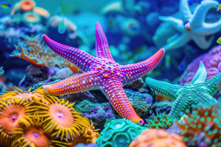Colorful sea stars resting on a vibrant coral reefの素材