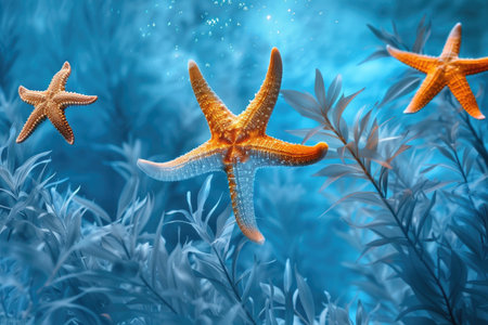 Elegant underwater scene featuring a variety of sea stars against a backdrop of swaying sea plantsの素材