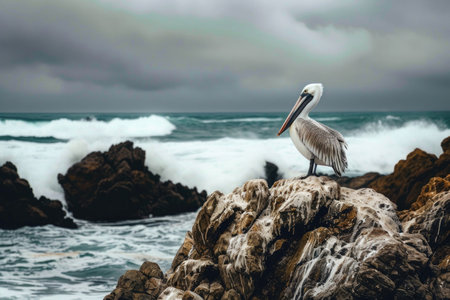 A pelican perched on a rocky outcrop by the seaの素材