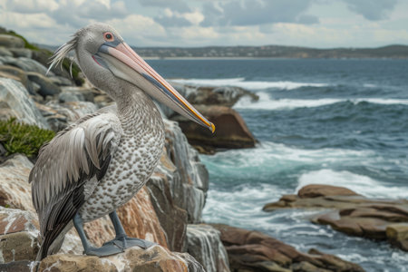 A pelican perched on a rocky outcrop by the seaの素材