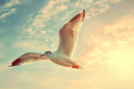 A seagull gliding gracefully through the sky, with its wings outstretchedの素材