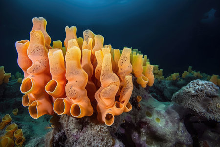 An intriguing snapshot of a vibrant colony of deep-sea sponges thriving on the ocean floorの素材