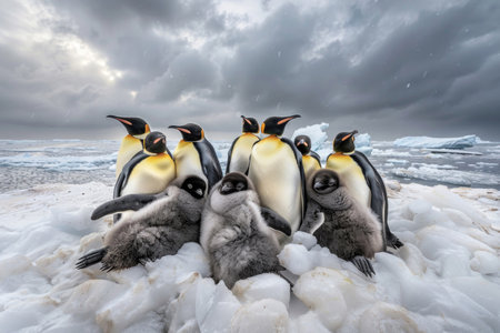 A family of emperor penguins huddled together in the Antarctic coldの素材