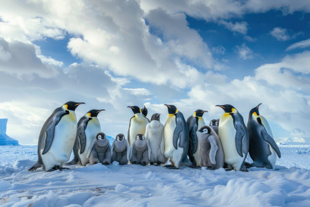 A family of emperor penguins huddled together in the Antarctic coldの素材