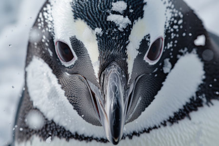 A penguin's face, showcasing its intricate feather patterns, glossy beak, and soulful eyesの素材