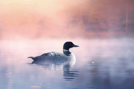 Loon bird floating on a misty lake at dawnの素材