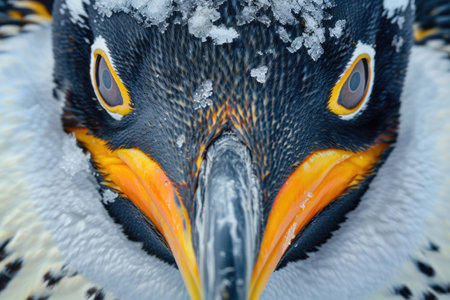 A penguin's face, showcasing its intricate feather patterns, glossy beak, and soulful eyesの素材