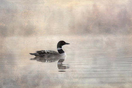 Loon bird floating on a misty lake at dawnの素材