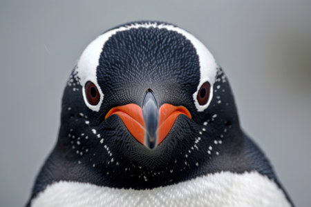Close-up view of a curious penguin with its distinctive black and white plumage and expressive eyesの素材