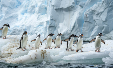 A group of playful penguins waddling on icy shores, under the shimmering Antarctic sunの素材