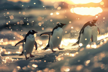 A group of playful penguins waddling on icy shores, under the shimmering Antarctic sunの素材