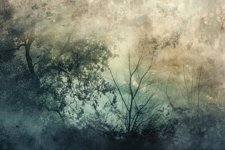 A mystical forest scene enveloped in ethereal mist, creating a sense of mystery and enchantmentの素材
