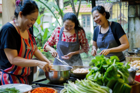 Joyful moments of cooking together, celebrating the pleasure of delicious foodの素材