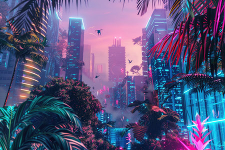 Futuristic cityscape blending with wild, digital floraの素材