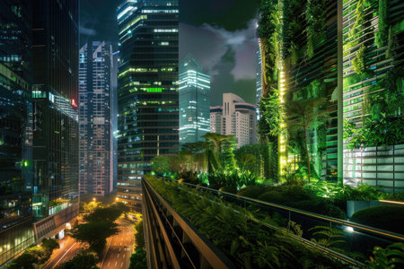 A sleek, eco-friendly urban landscape powered by green energyの素材