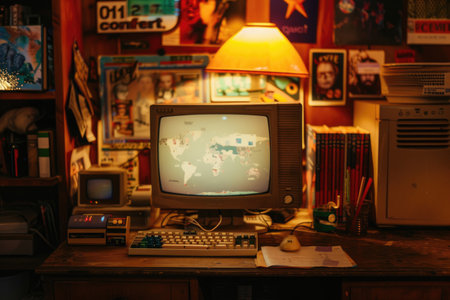 A vintage computer setup with '90s memorabiliaの素材