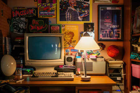 A vintage computer setup with '90s memorabiliaの素材