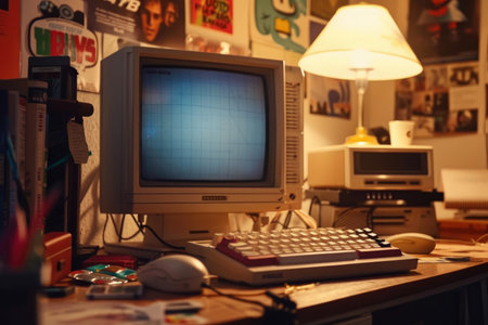 A vintage computer setup with '90s memorabiliaの素材