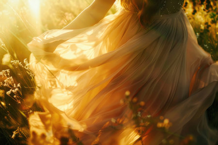 A woman in a flowing dress basking in sunlightの素材