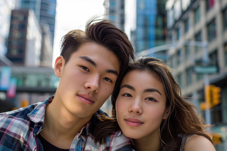 Two young, attractive students in the city, facing the cameraの素材